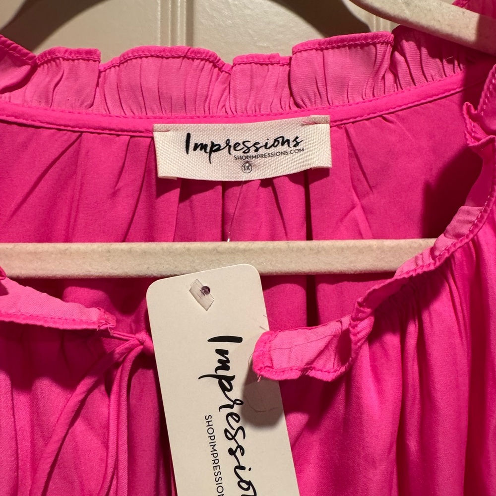 Impressions Hot Pink Tiered Ruffle Long-Sleeve Dress - Picture 2 of 3